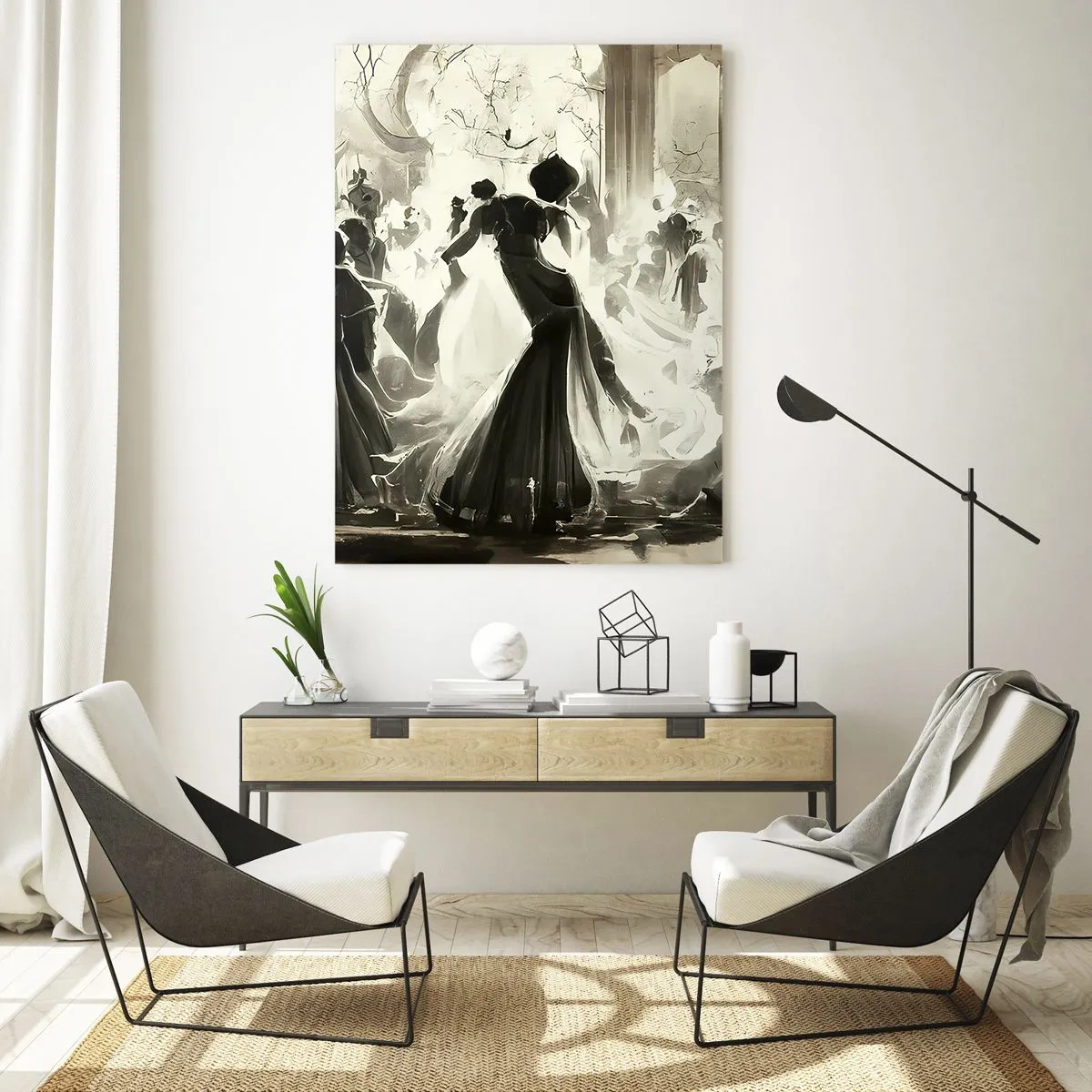 Cuadro sobre vidrio - Impresiones sobre Vidrio - Balón de estilo retro en blanco y negro. - 80x120cm - Gran mascarada - Decoración de pared moderna para salón y dormitorio ARTTOR