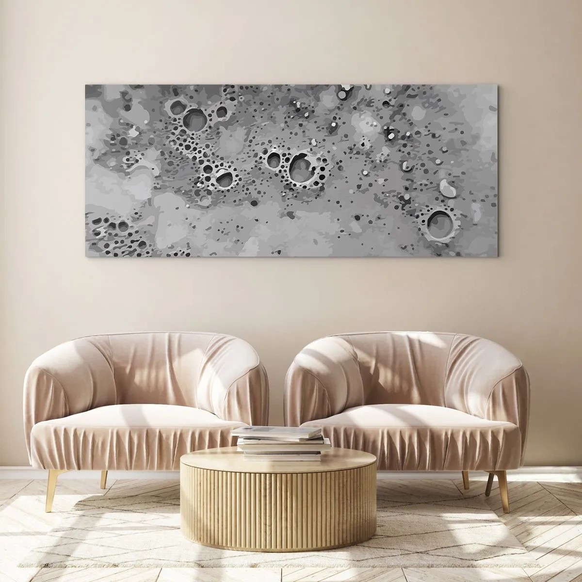 Cuadro sobre vidrio - Impresiones sobre Vidrio - Patrón abstracto de burbujas en blanco y negro - 140x50cm - Como un paisaje lunar - Decoración de pared moderna para salón y dormitorio ARTTOR