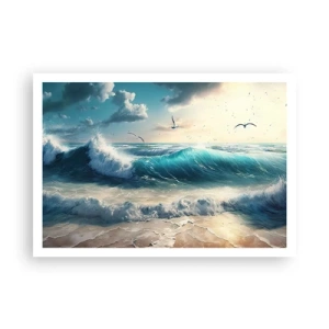 Póster - Olas del mar en la playa bajo un cielo azul con gaviotas - 100x70cm - La brisa solo para ti - Decoración de pared moderna para salón y dormitorio ARTTOR