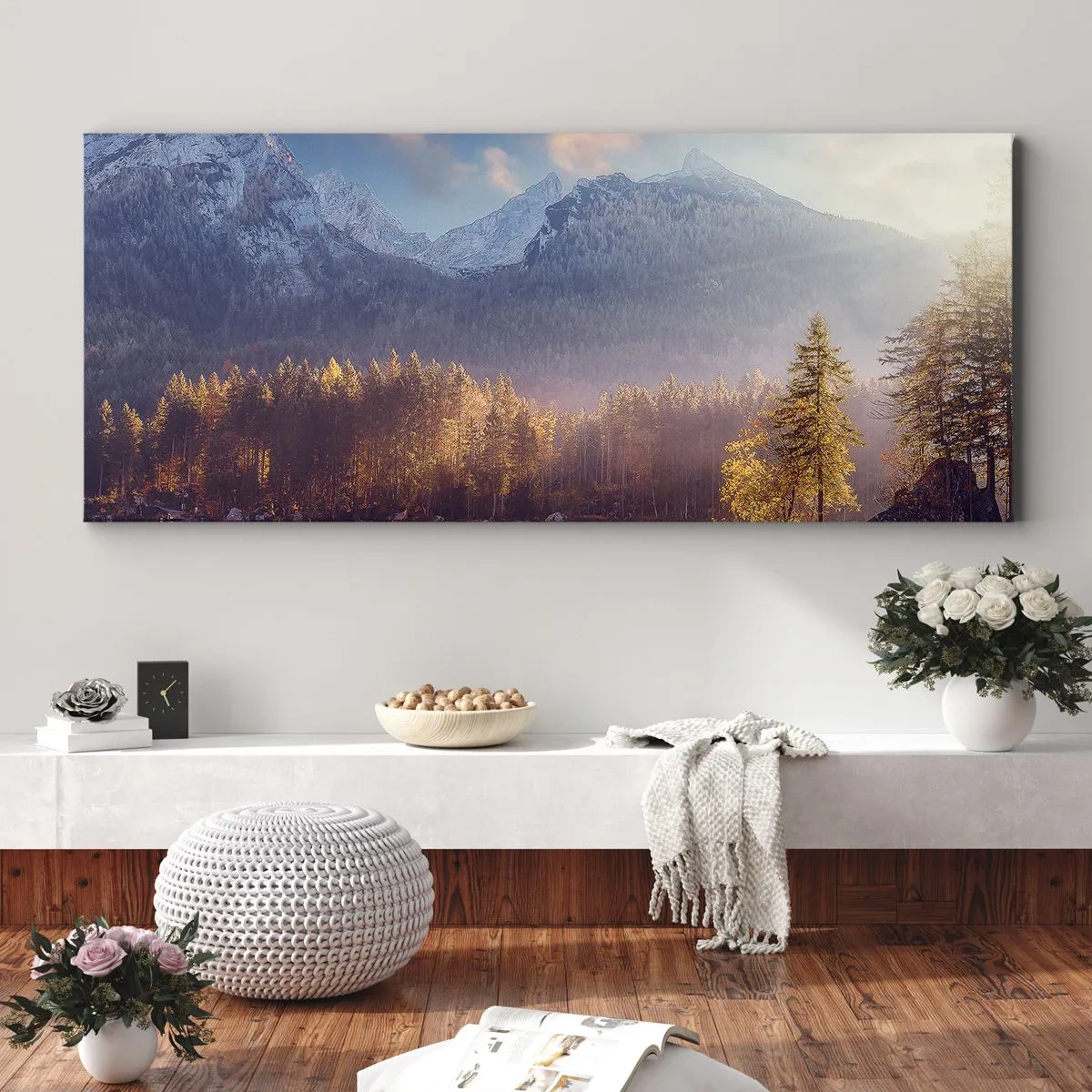 Cuadro sobre lienzo - Impresión de Imagen - Vista pintoresca del bosque de montaña y el lago al amanecer. - 140x50cm - Entre las montañas y los valles - Decoración de pared moderna para salón y dormitorio ARTTOR