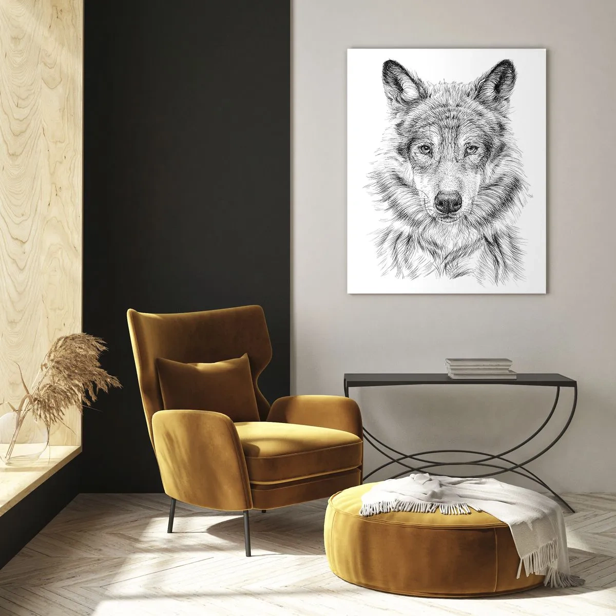 Cuadro sobre vidrio - Impresiones sobre Vidrio - Boceto de una cabeza de lobo en estilo monocromático sobre fondo blanco. - 80x120cm - Un líder nato - Decoración de pared moderna para salón y dormitorio ARTTOR