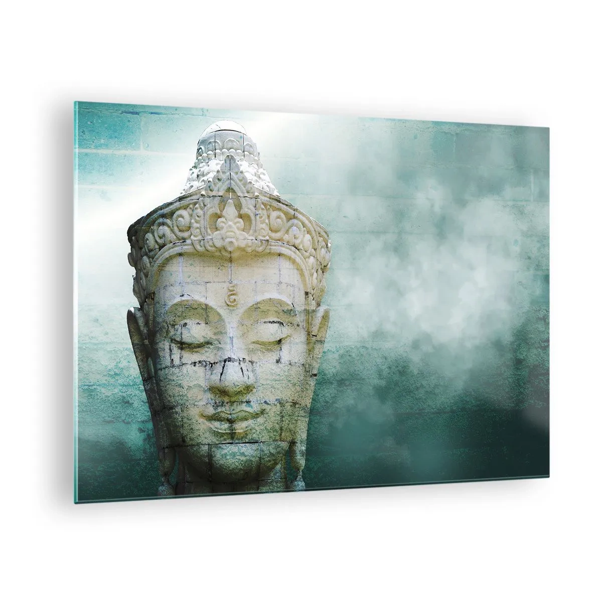 Cuadro sobre vidrio - Impresiones sobre Vidrio - Estatua de Buda en una atmósfera mística. - 70x50cm - Buscando la luz - Decoración de pared moderna para salón y dormitorio ARTTOR