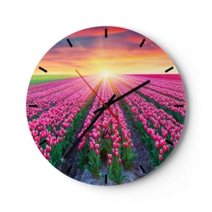 Reloj de pared - Reloj de vidrio - Un campo de tulipanes rojos al atardecer. - 30x30cm - Granja de belleza - Decoración de pared moderna para salón, cocina y dormitorio ARTTOR