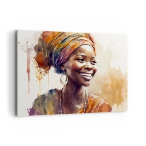 Cuadro sobre lienzo - Impresión de Imagen - Retrato de una mujer sonriente con una bufanda colorida en acuarela - 100x70cm - Reina africana - Decoración de pared moderna para salón y dormitorio ARTTOR