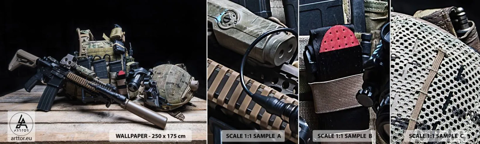 Muestra de fotomural autoadhesivo Deluxe Sticker - ¡Descansen! - Militar, Rifle, Arma - 100x30 cm