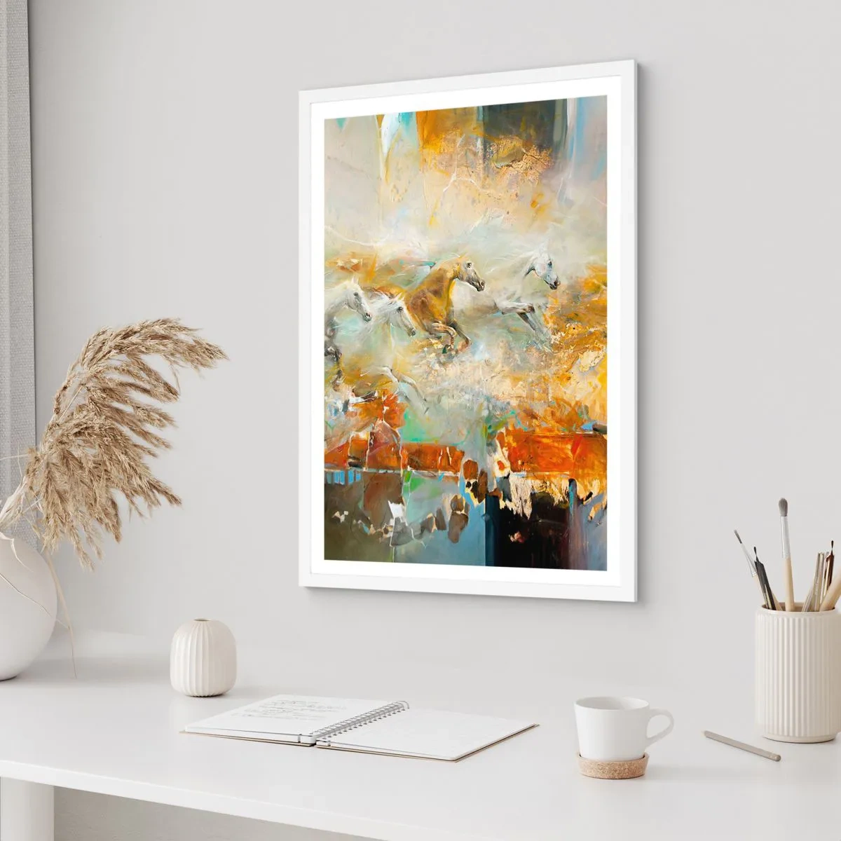 Póster en marco blanco - Galopando a través de la luz - 30x40 cm