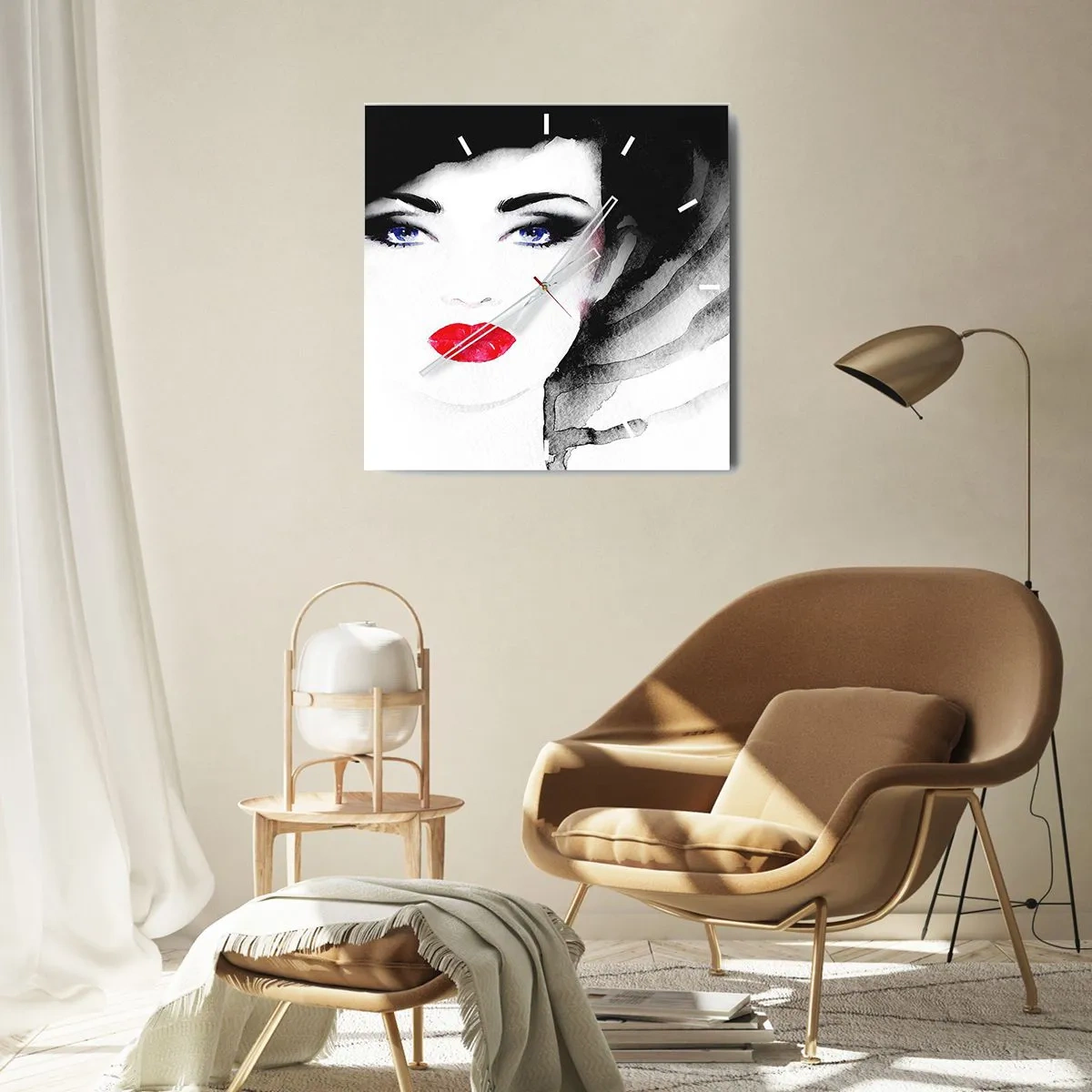 Reloj de pared - Reloj de vidrio - Retrato de una mujer con labios rojos y ojos azules intensos. - 30x30cm - Lenguaje no verbal - Decoración de pared moderna para salón y dormitorio ARTTOR