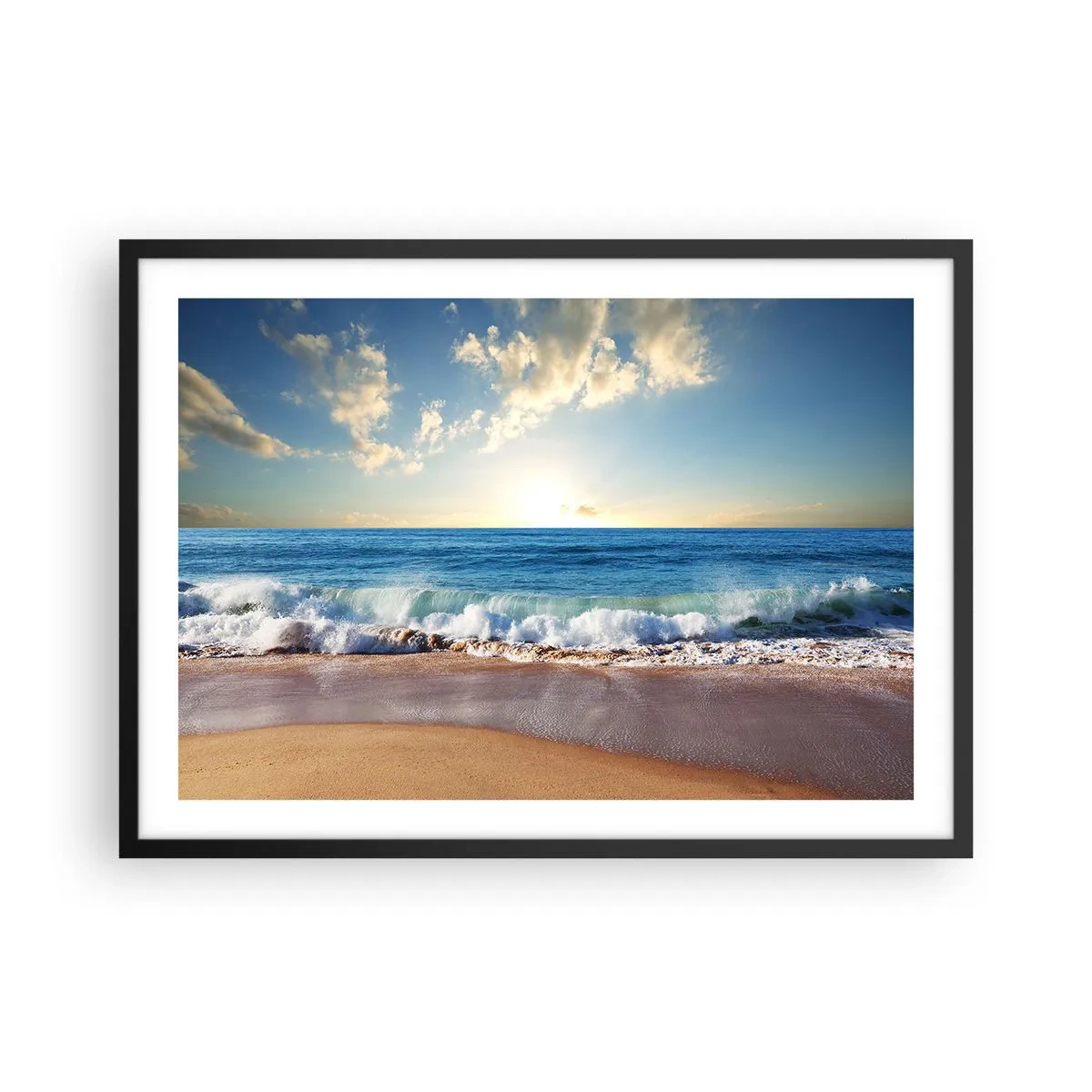 Póster en marco negro - Una playa soleada con olas rompiendo en la orilla. - 70x50cm - Movimiento y quietud al mismo tiempo - Decoración de pared moderna para salón y dormitorio ARTTOR