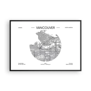 Póster en marco negro - Un mapa de Vancouver en un estilo minimalista en blanco y negro. - 100x70cm - Anatomía de Vancouver - Decoración de pared moderna para salón y dormitorio ARTTOR