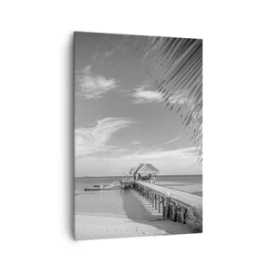 Cuadro sobre lienzo - Impresión de Imagen - Playa blanca y negra con muelle y palmeras en una costa tropical - 70x100cm - ¿Un recuerdo o un sueño? - Decoración de pared moderna para salón y dormitorio ARTTOR