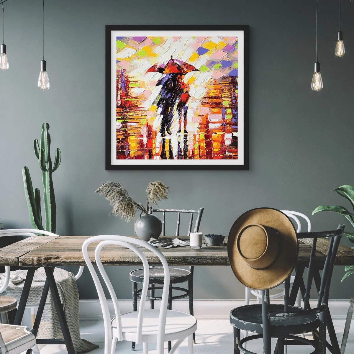 Póster en marco negro - Juntos a través de la noche y la lluvia - 50x50 cm