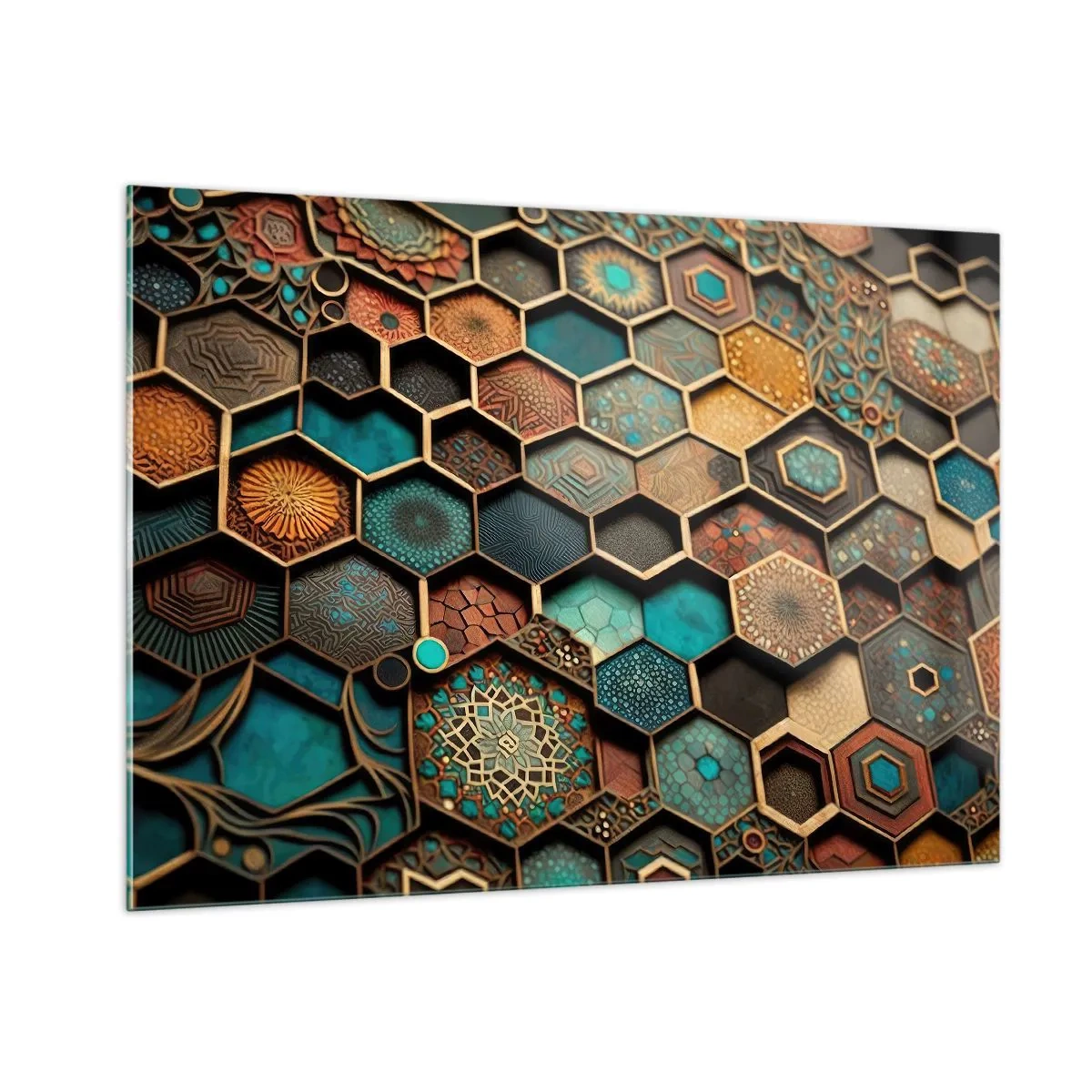 Cuadro sobre vidrio - Impresiones sobre Vidrio - Mosaico con patrones geométricos de estilo oriental. - 100x70cm - Ornamentos árabes - Decoración de pared moderna para salón y dormitorio ARTTOR