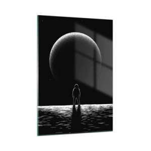 Cuadro sobre vidrio - Impresiones sobre Vidrio - Astronauta de pie frente a un planeta en blanco y negro. - 50x70cm - Cara a cara - Decoración de pared moderna para salón y dormitorio ARTTOR