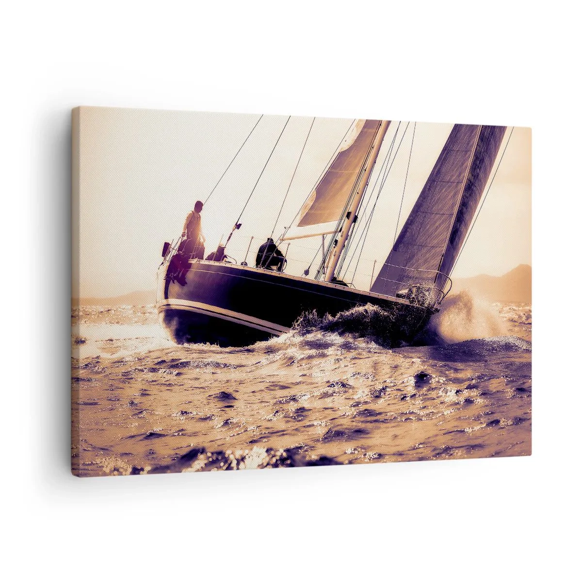 Cuadro sobre lienzo - Impresión de Imagen - Un yate en un mar tempestuoso a la luz del sol poniente. - 70x50cm - Navega, marinero - Decoración de pared moderna para salón y dormitorio ARTTOR