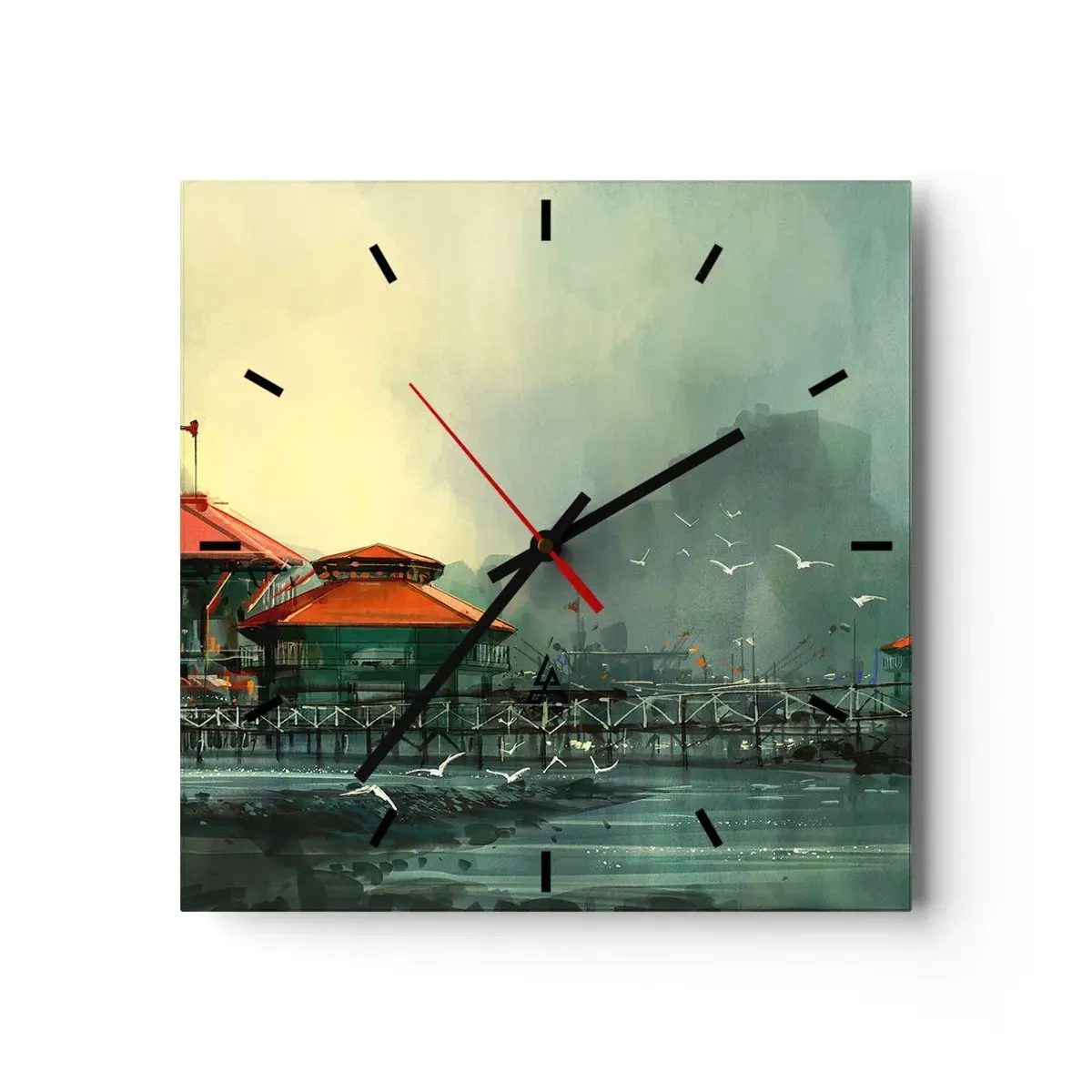 Reloj de pared - Reloj de vidrio - Edificios portuarios en un paisaje lluvioso con gaviotas - 30x30cm - Un día soleado en el puerto - Decoración de pared moderna para salón y dormitorio ARTTOR