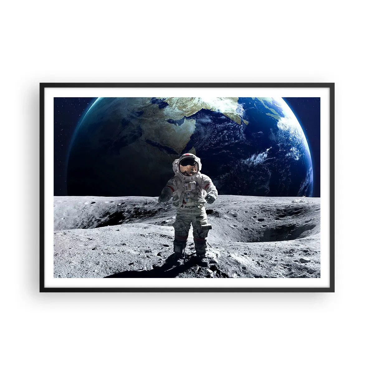 Póster en marco negro - Astronauta en la superficie de la Luna con la Tierra al fondo - 100x70cm - Saludos desde la Luna - Decoración de pared moderna para salón y dormitorio ARTTOR