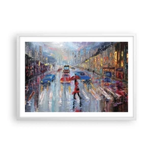 Póster en marco blanco - Una tarde de lluvia en la ciudad - 70x50 cm