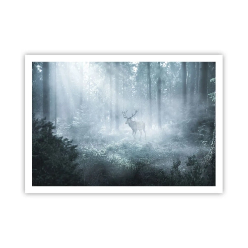 Póster - Un ciervo en un bosque denso envuelto en la niebla matutina. - 100x70cm - Ronda matutina por la finca - Decoración de pared moderna para salón y dormitorio ARTTOR