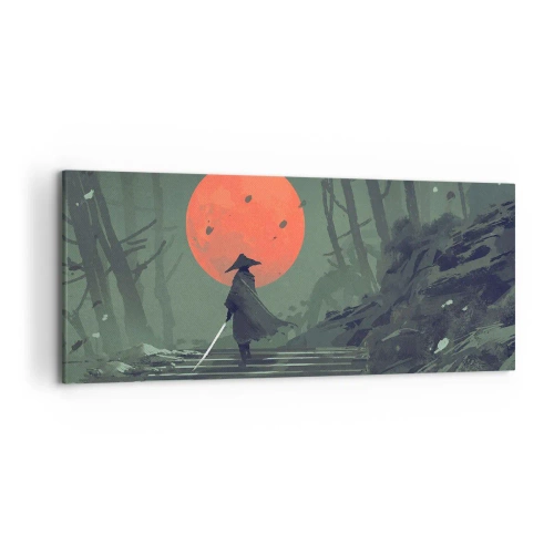 Cuadro sobre lienzo - Impresión de Imagen - Un guerrero solitario con una espada contra el fondo de una luna roja en un bosque oscuro. - 120x50cm - Guerrero de la luna roja - Decoración de pared moderna para salón y dormitorio ARTTOR