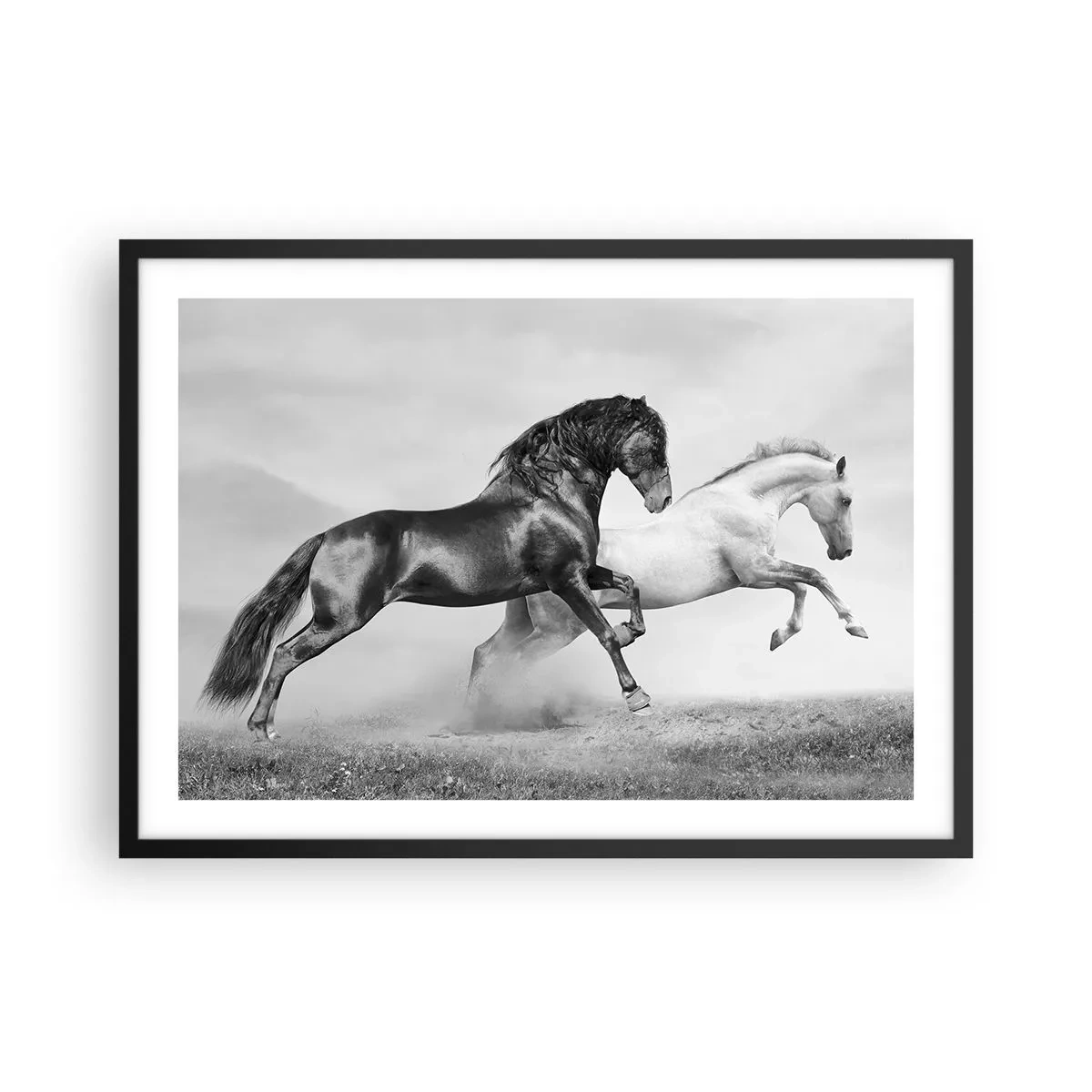 Póster en marco negro - Dos caballos al galope en una composición dinámica en blanco y negro - 70x50cm - Ángeles y demonios - Decoración de pared moderna para salón y dormitorio ARTTOR