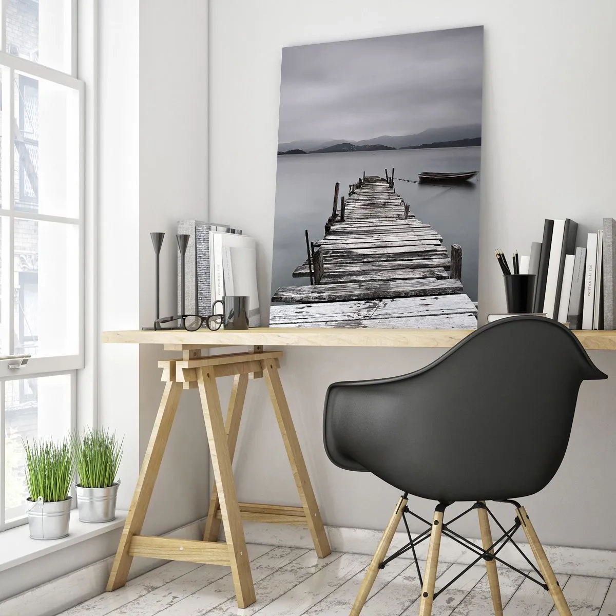 Cuadro sobre vidrio - Impresiones sobre Vidrio - Un embarcadero de madera en un lago en un día de niebla. - 50x70cm - Mañana partimos - Decoración de pared moderna para salón y dormitorio ARTTOR