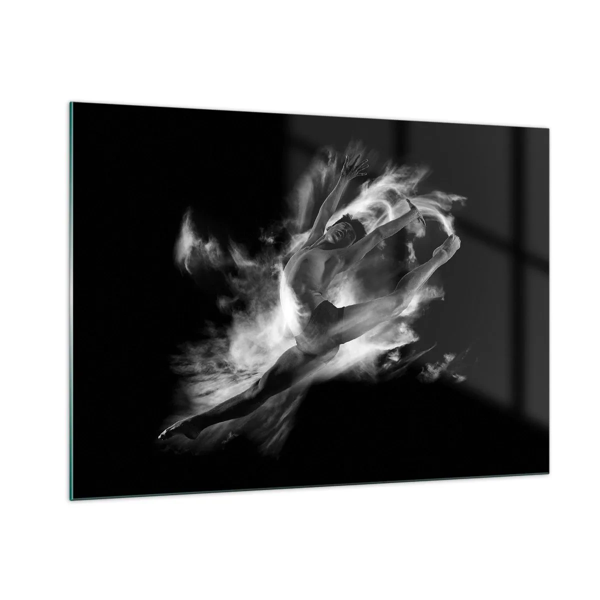 Cuadro sobre vidrio - Impresiones sobre Vidrio - Silueta en blanco y negro de una bailarina en movimiento dinámico. - 100x70cm - El arte del vuelo - Decoración de pared moderna para salón y dormitorio ARTTOR