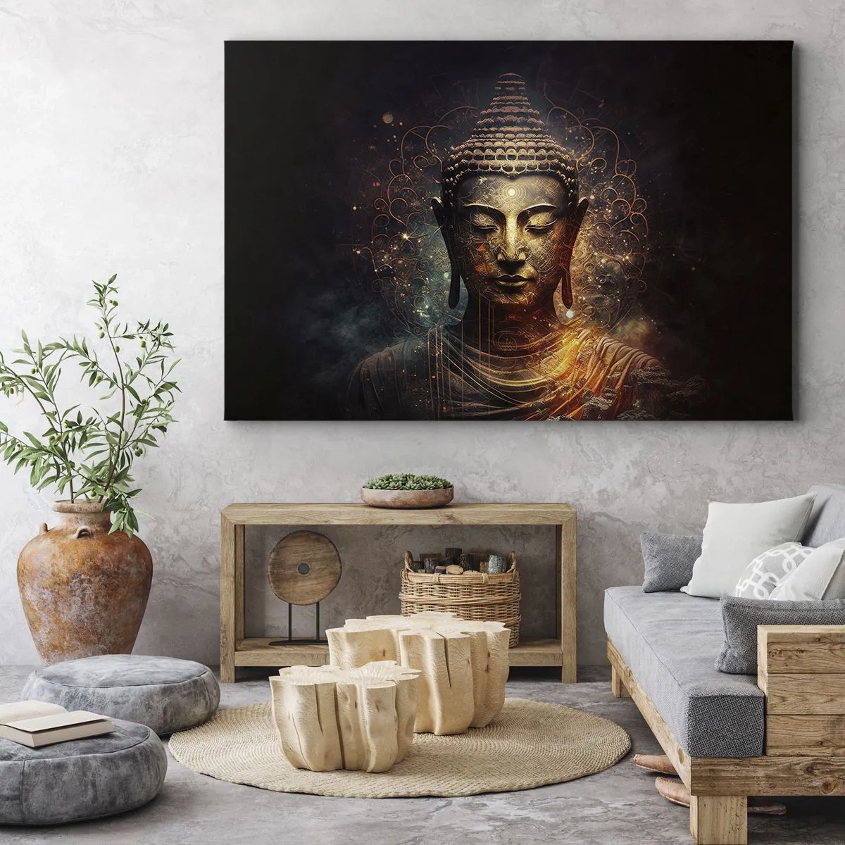 Cuadro sobre lienzo - Impresión de Imagen - Buda dorado sobre un fondo oscuro con adornos. - 120x80cm - Equilibrio espiritual - Decoración de pared moderna para salón y dormitorio ARTTOR