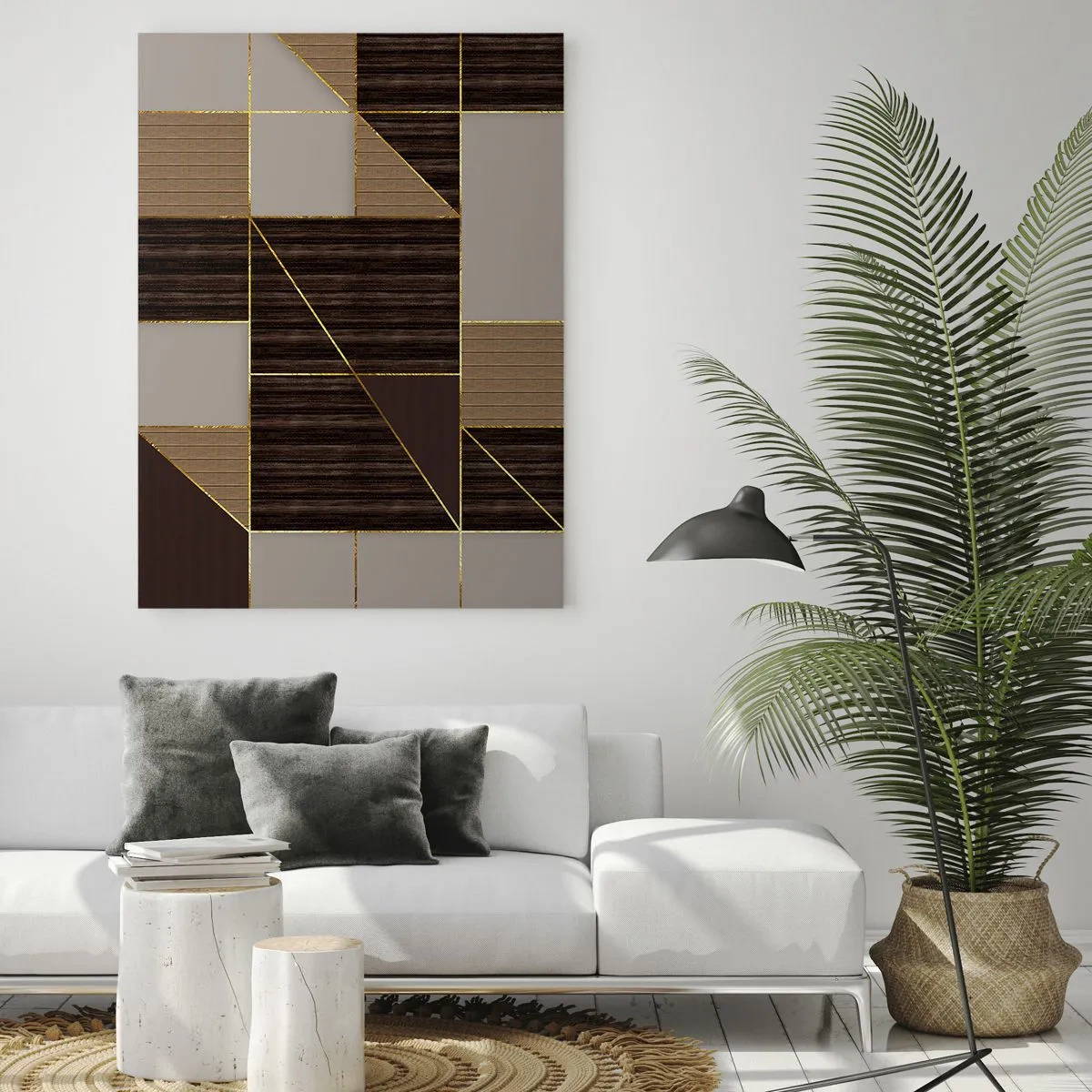 Cuadro sobre vidrio - Impresiones sobre Vidrio - Patrones geométricos en tonos marrones con líneas doradas. - 80x120cm - Un mosaico de marrones y dorados - Decoración de pared moderna para salón y dormitorio ARTTOR