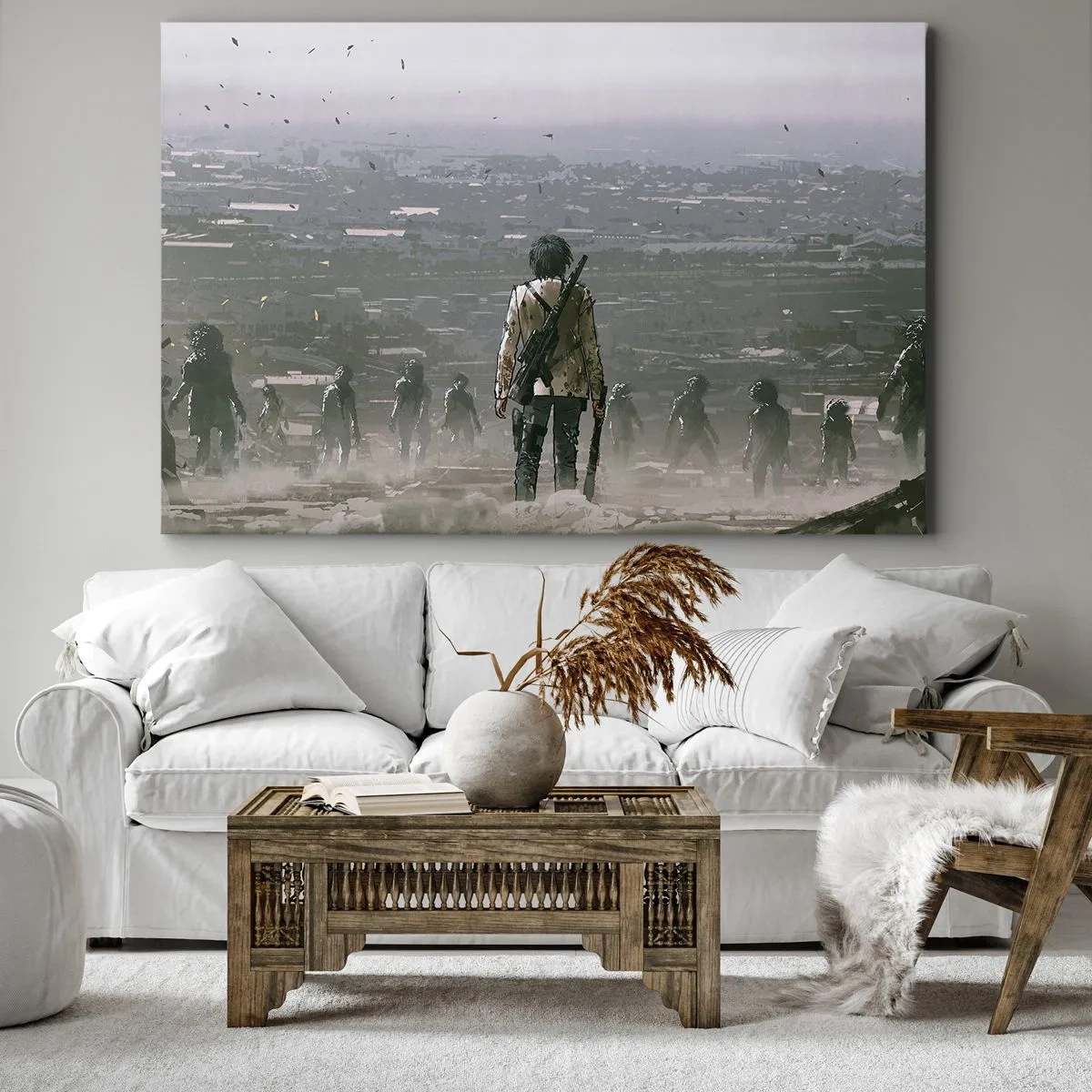 Cuadro sobre lienzo - Impresión de Imagen - Una figura con una pistola se encuentra frente a un grupo en un paisaje distópico. - 70x50cm - Soy leyenda - Decoración de pared moderna para salón y dormitorio ARTTOR