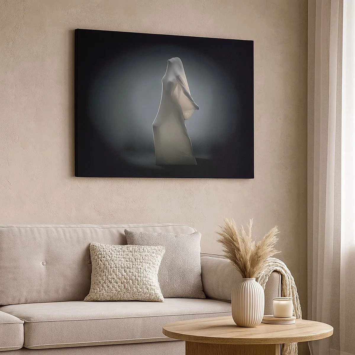 Cuadro sobre lienzo - Impresión de Imagen - Una figura en tela blanca sobre un fondo oscuro. - 70x50cm - Deseos ocultos - Decoración de pared moderna para salón y dormitorio ARTTOR