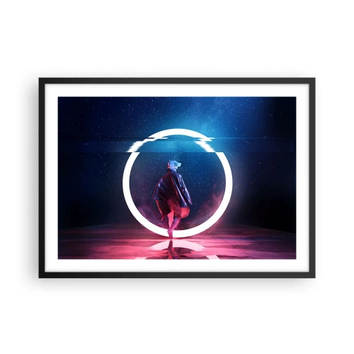 Póster en marco negro - Un personaje en un entorno futurista con un círculo de neón. - 70x50cm - Entre mundos - Decoración de pared moderna para salón y dormitorio ARTTOR
