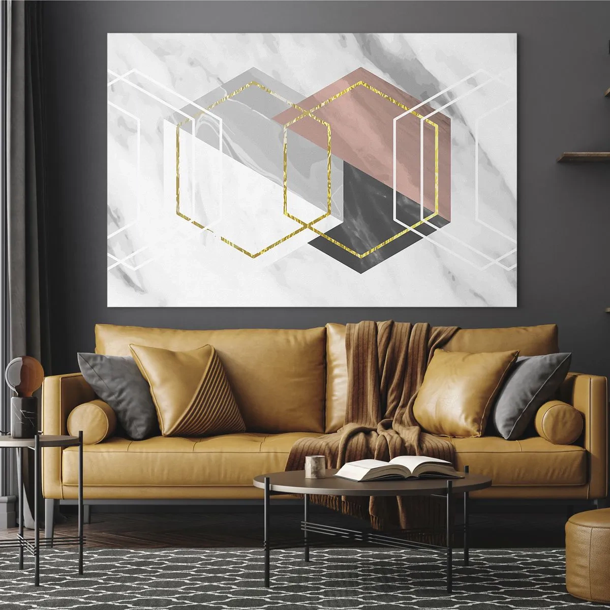 Cuadro sobre vidrio - Impresiones sobre Vidrio - Formas geométricas doradas sobre un fondo de mármol. - 120x80cm - Composición en cadena - Decoración de pared moderna para salón y dormitorio ARTTOR