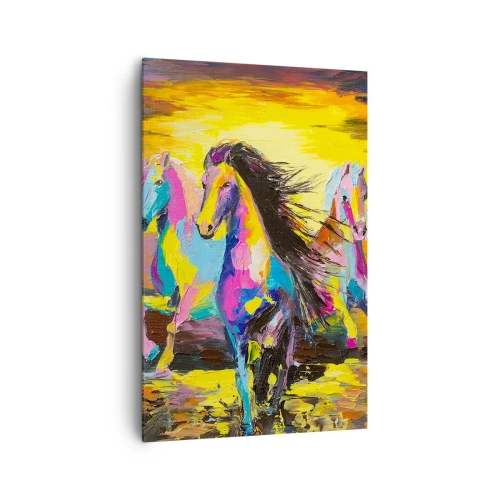 Cuadro sobre lienzo - Impresión de Imagen - Caballos coloridos galopando con el sol poniente como telón de fondo - 80x120cm - Sumergido en un arco iris - Decoración de pared moderna para salón y dormitorio ARTTOR