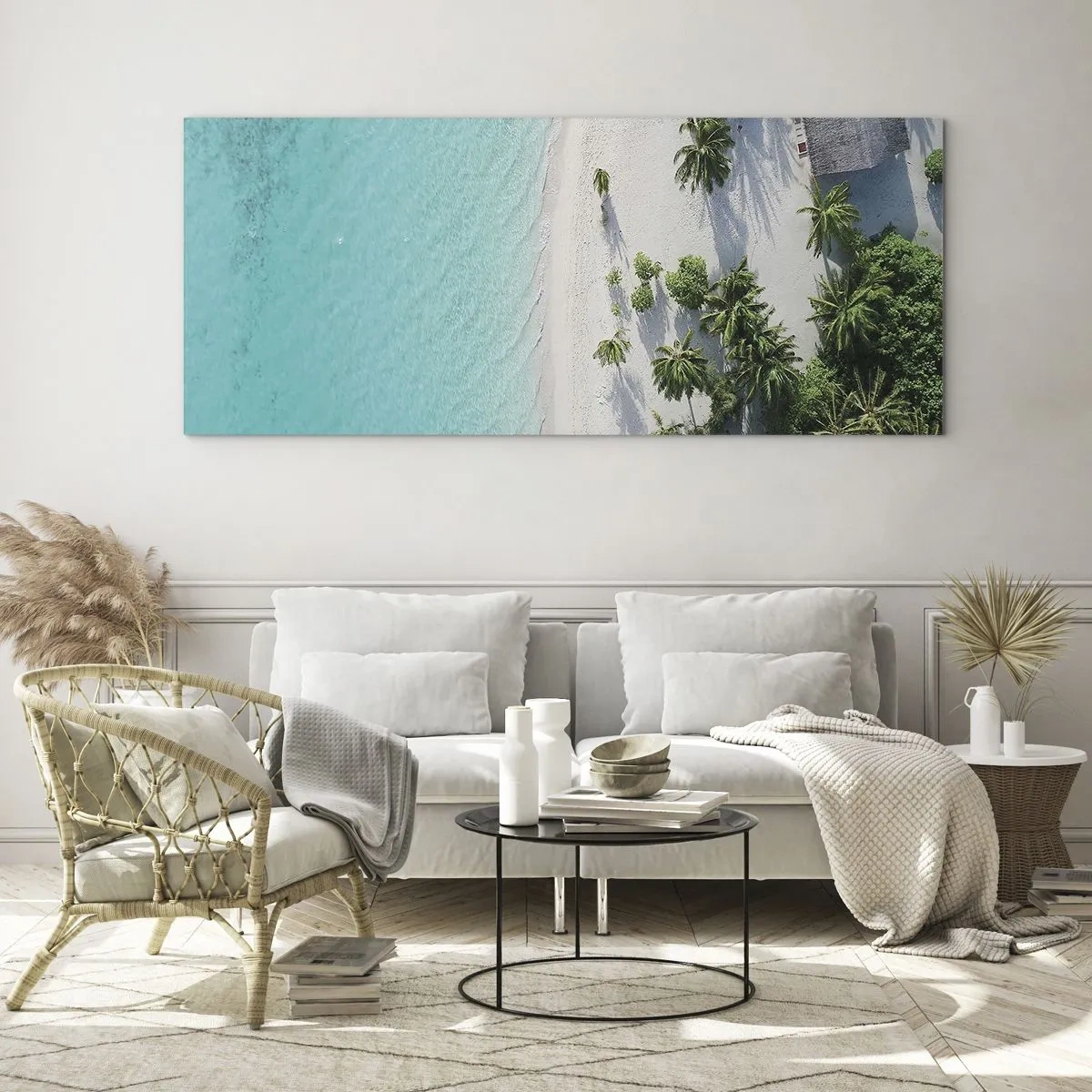Cuadro sobre vidrio - Impresiones sobre Vidrio - Una vista de pájaro de una playa tropical con agua turquesa y palmeras. - 140x50cm - Vacaciones en el paraíso - Decoración de pared moderna para salón y dormitorio ARTTOR