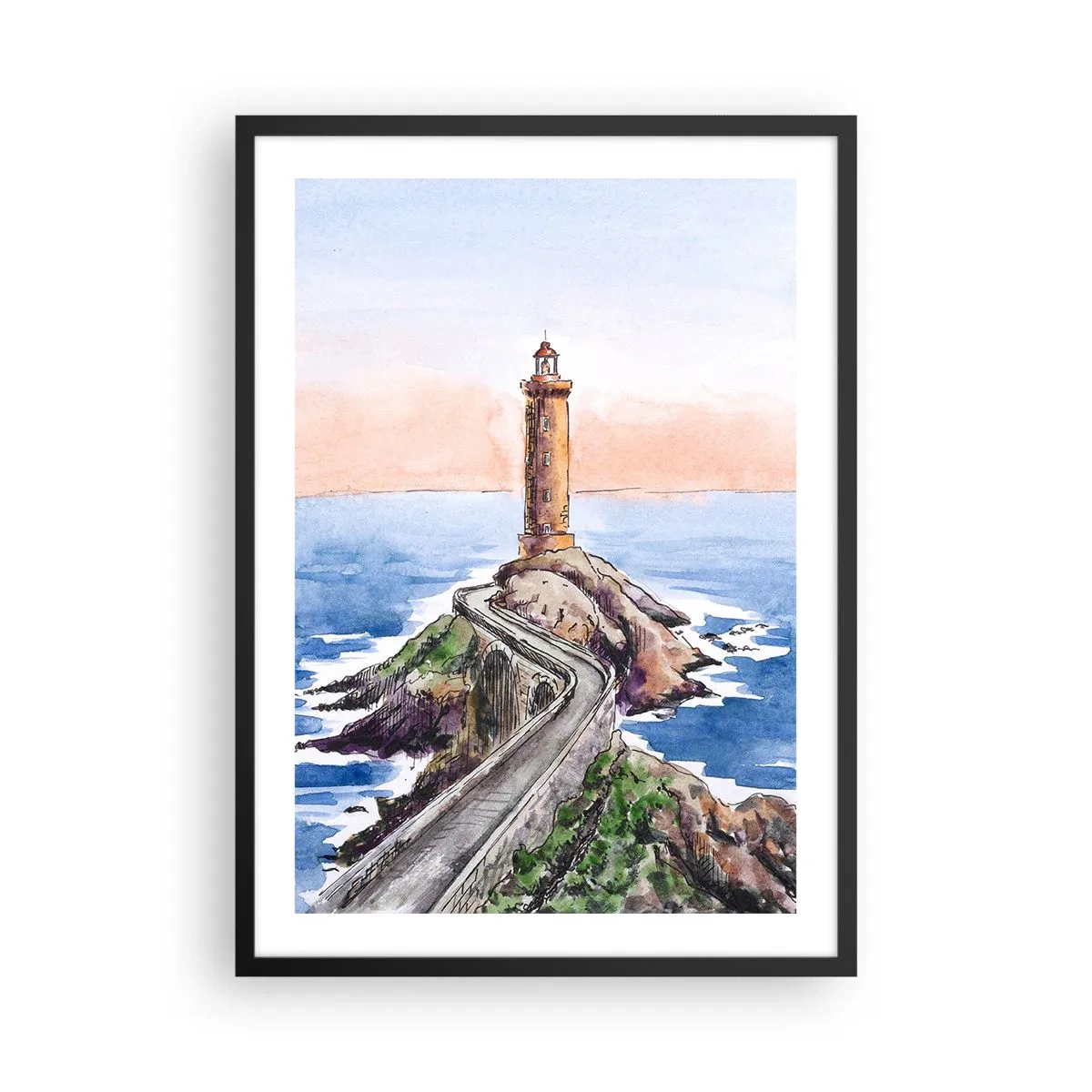 Póster en marco negro - Ilustración de acuarela de un faro en una costa rocosa - 50x70cm - Frente al mar - Decoración de pared moderna para salón y dormitorio ARTTOR