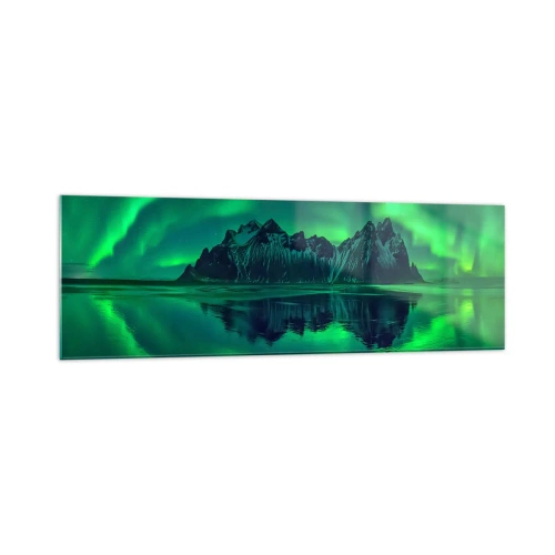 Cuadro sobre vidrio - Impresiones sobre Vidrio - Montañas rodeadas de auroras boreales reflejadas en el agua. - 160x50cm - En los brazos de la aurora - Decoración de pared moderna para salón y dormitorio ARTTOR