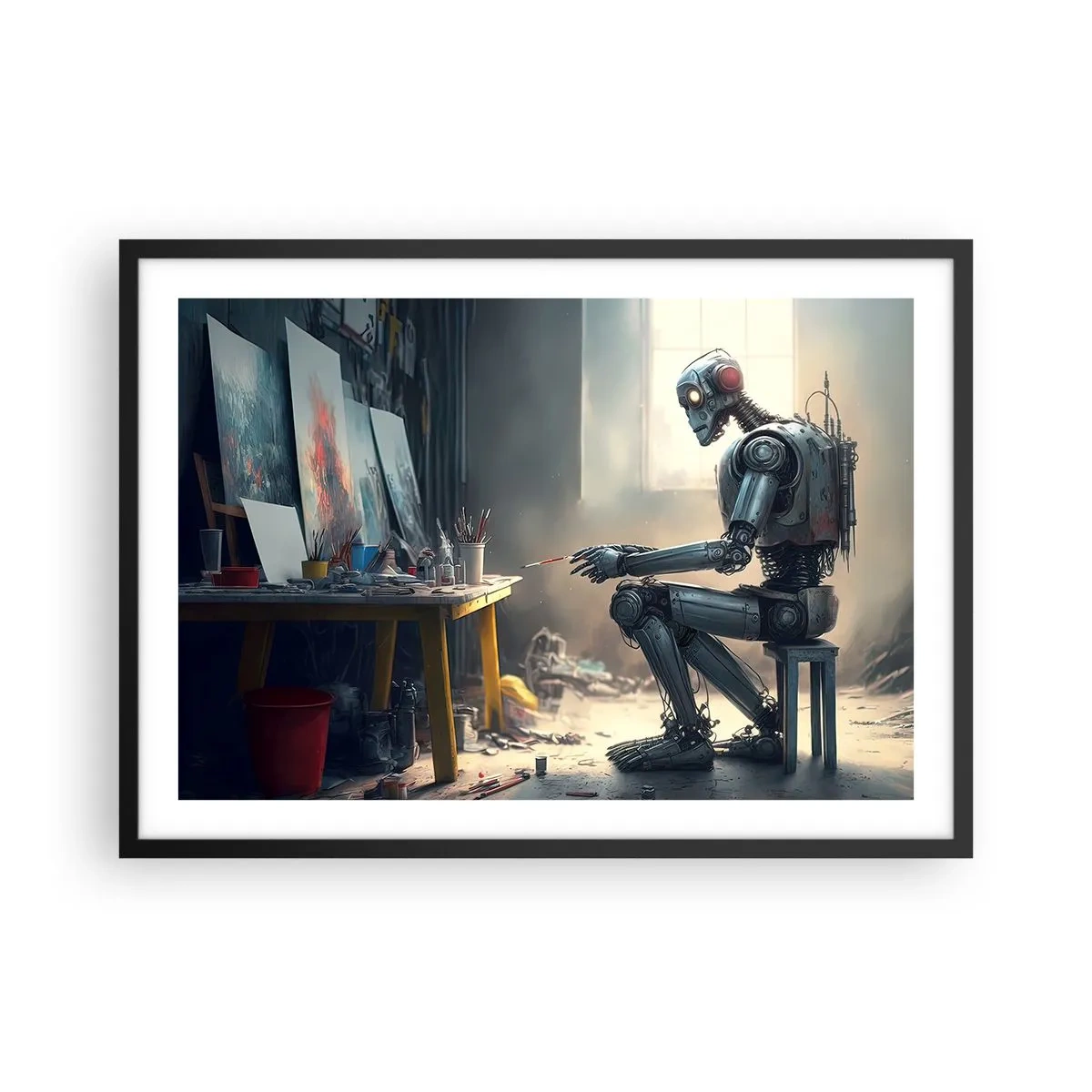 Póster en marco negro - Un robot pintando un cuadro en un estudio de arte. - 70x50cm - El acto de creación - Decoración de pared moderna para salón y dormitorio ARTTOR