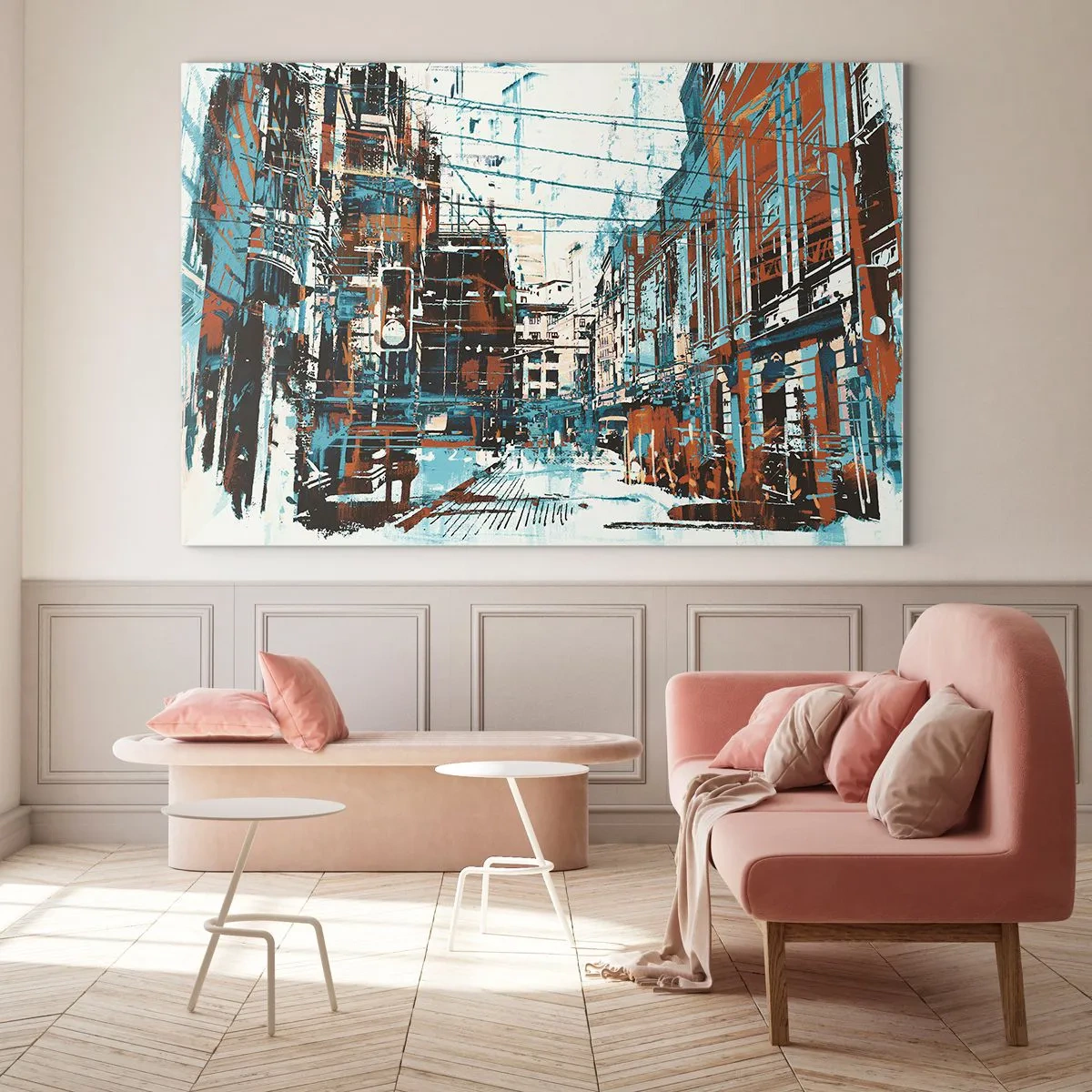Cuadro sobre vidrio - Impresiones sobre Vidrio - Una pintoresca calle de la ciudad con un estilo artístico y desgastado. - 70x50cm - El sendero de la ciudad - Decoración de pared moderna para salón y dormitorio ARTTOR