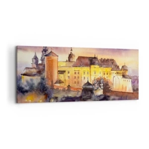 Cuadro sobre lienzo - Impresión de Imagen - Una pintoresca pintura de acuarela de un castillo al atardecer. - 120x50cm - Una historia y un cuento - Decoración de pared moderna para salón y dormitorio ARTTOR