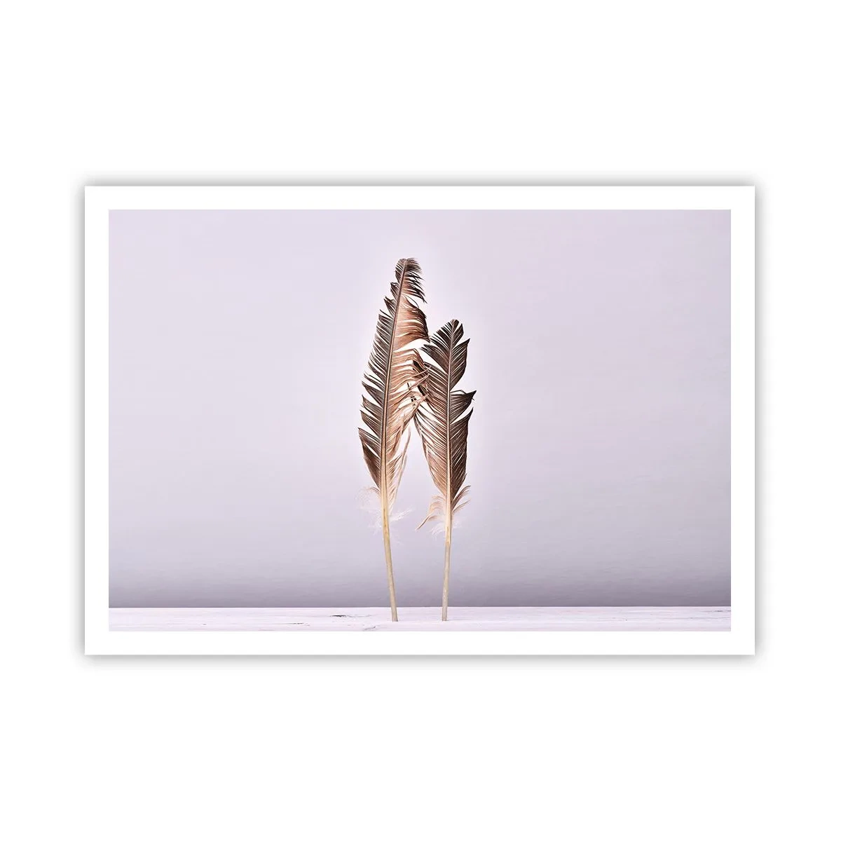 Póster - Plumas delicadas sobre un fondo claro en estilo minimalista. - 100x70cm - Contra la nada - Decoración de pared moderna para salón y dormitorio ARTTOR