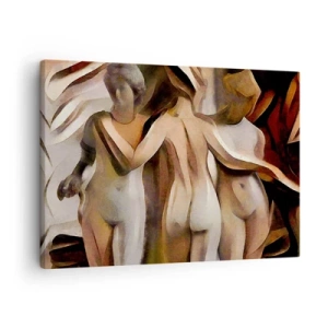 Cuadro sobre lienzo - Impresión de Imagen - Una escena abstracta con tres figuras en colores cálidos. - 70x50cm - Las tres Gracias 2.0 - Decoración de pared moderna para salón y dormitorio ARTTOR