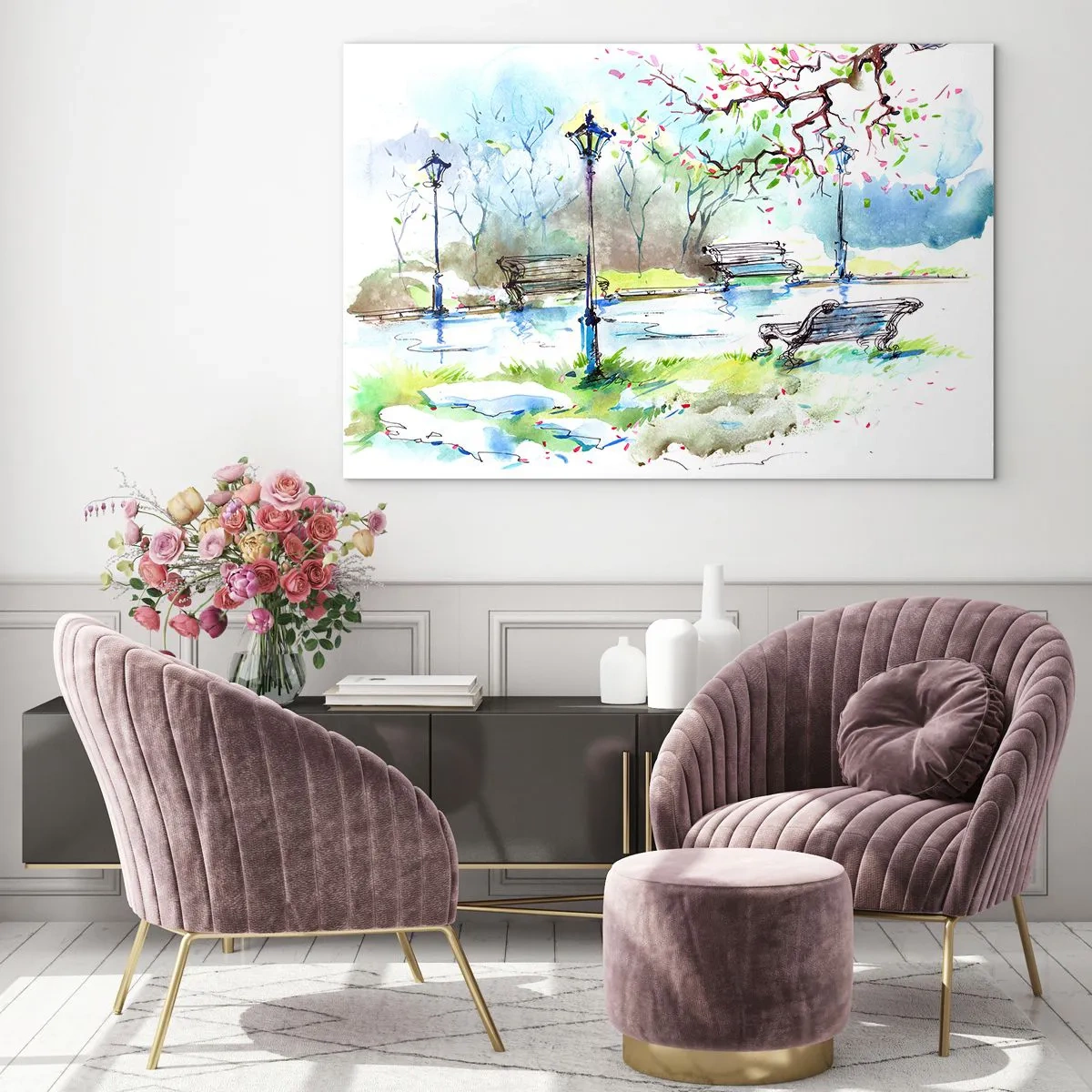 Cuadro sobre vidrio - Impresiones sobre Vidrio - Pintura de acuarela de una escena de parque con bancos y faroles. - 100x70cm - El encanto del silencio del parque - Decoración de pared moderna para salón y dormitorio ARTTOR