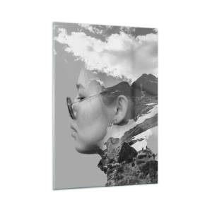 Cuadro sobre vidrio - Impresiones sobre Vidrio - Un retrato creativo de doble exposición con un paisaje de montaña y nubes. - 50x70cm - Retrato sobre montañas y nubes - Decoración de pared moderna para salón y dormitorio ARTTOR