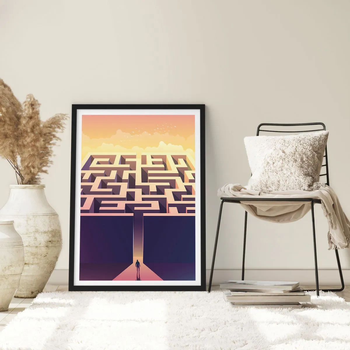 Póster en marco negro - Un laberinto simbólico en luz dorada - 50x70cm - Momento de tomar decisiones - Decoración de pared moderna para salón y dormitorio ARTTOR