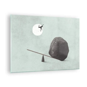 Cuadro sobre vidrio - Impresiones sobre Vidrio - Una escena minimalista con un hombre volando hacia la luna. - 70x50cm - Un sueño hecho realidad - Decoración de pared moderna para salón y dormitorio ARTTOR
