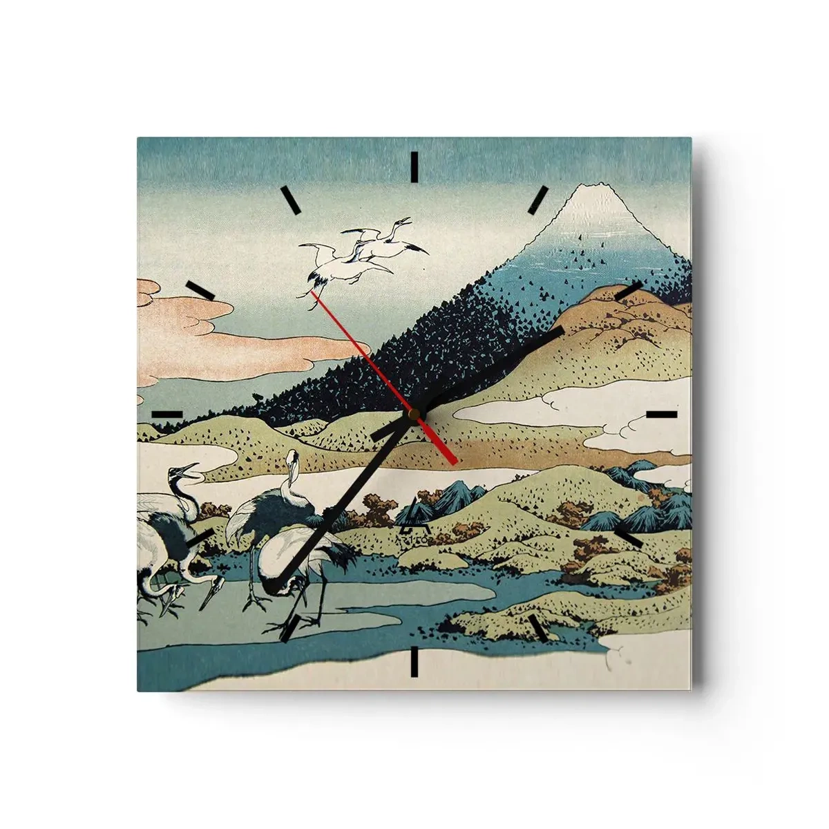 Reloj de pared - Reloj de vidrio - Gráficos tradicionales japoneses con montañas y grúas. - 30x30cm - Alma japonesa - Decoración de pared moderna para salón y dormitorio ARTTOR
