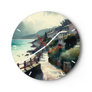 Reloj de pared - Reloj de vidrio - Un sendero costero que atraviesa edificios mediterráneos con vistas al mar. - 30x30cm - Ciudad mediterránea - Decoración de pared moderna para salón, cocina y dormitorio ARTTOR