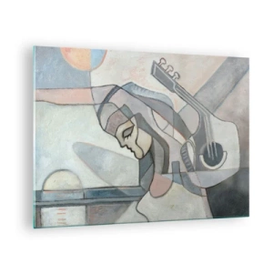 Cuadro sobre vidrio - Impresiones sobre Vidrio - Figura artística de una mujer con una guitarra en colores pastel. - 70x50cm - En el poder de la música - Decoración de pared moderna para salón y dormitorio ARTTOR