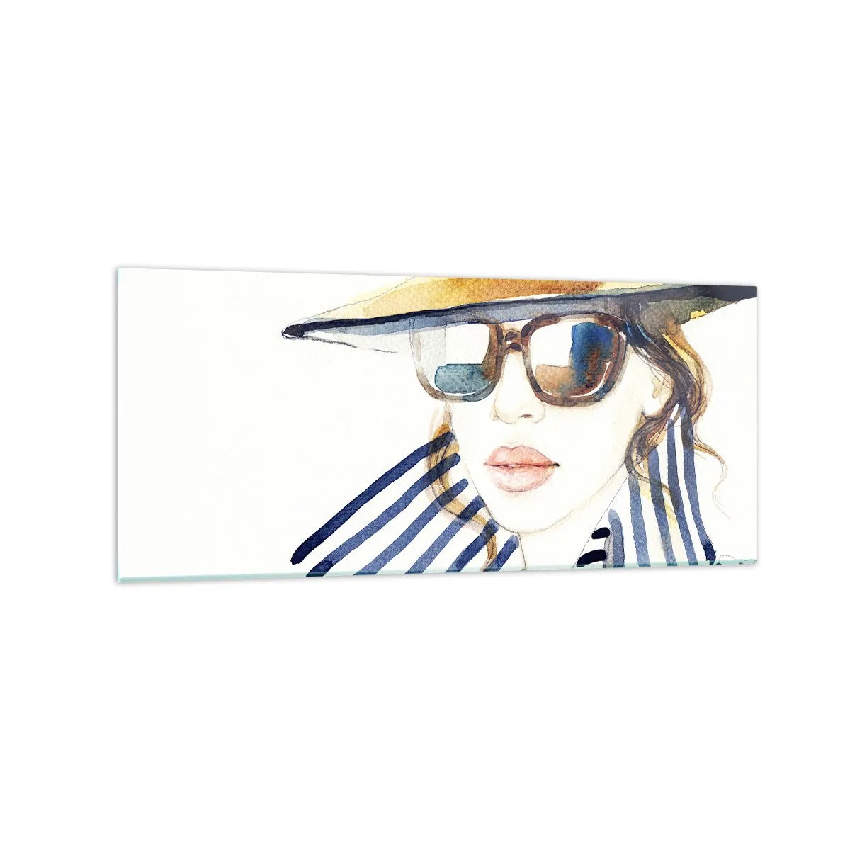 Cuadro sobre vidrio - Impresiones sobre Vidrio - Retrato de una mujer con sombrero y gafas de sol. - 120x50cm - ¡Florida le da la bienvenida! - Decoración de pared moderna para salón y dormitorio ARTTOR