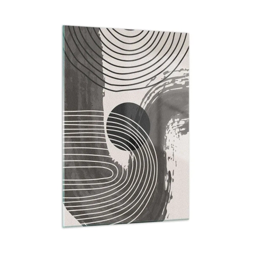 Cuadro sobre vidrio - Impresiones sobre Vidrio - Abstracción moderna con líneas blancas y negras y un óvalo. - 50x70cm - La victoria del óvalo - Decoración de pared moderna para salón y dormitorio ARTTOR
